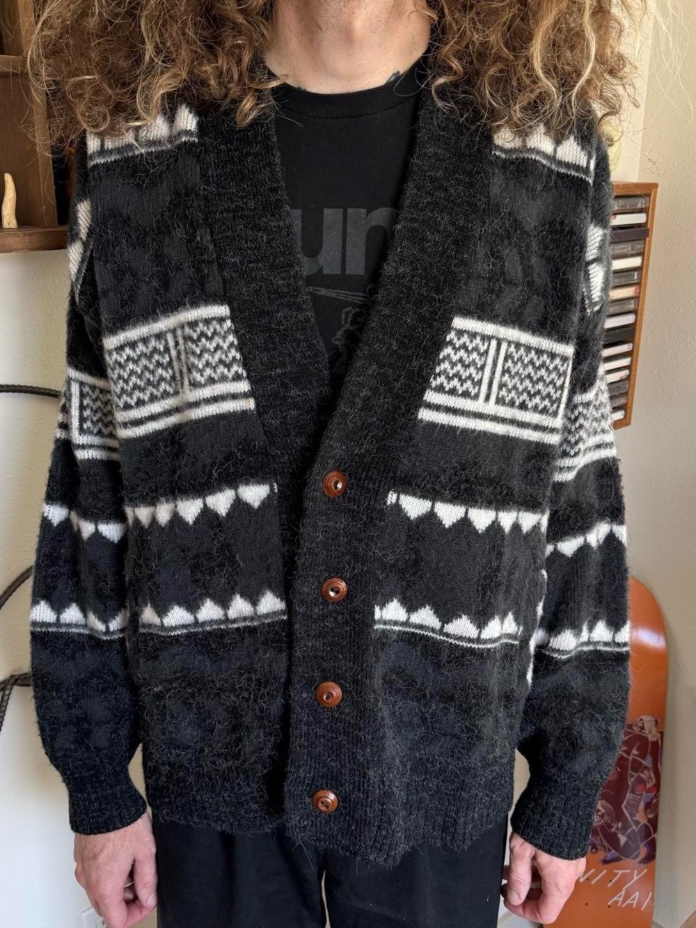 Vintage 80s 90s Tejidos Ruminahui Alpaca Wool Geometric Knit Cardigan ~ Size XL